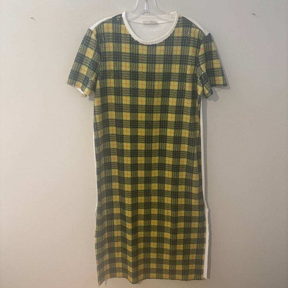 Zara Trafaluc Midi T-Shirt Dress Womens M Yellow Plaid Sequin Embellished Knit